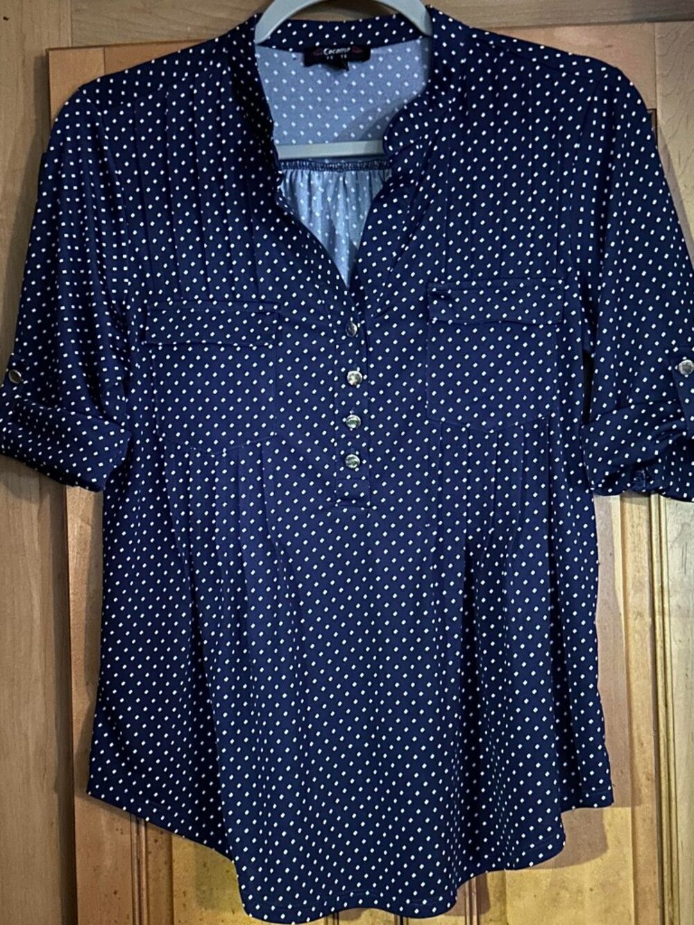 Cocomo Blue/White Pleated Polka Dot Top- PM